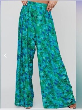 Teal & Green Floral Wide-Leg Palazzo Jeans